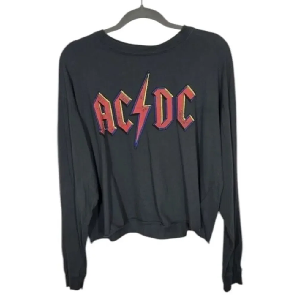 Free People Daydreamer Size S AC/DC Long Sleeve Graphic Tee Charcoal Black‎ Boxy